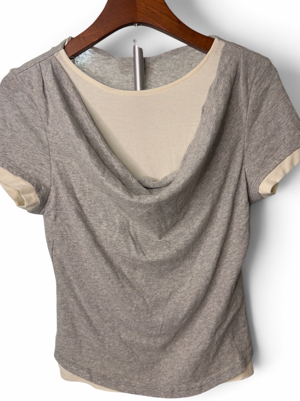 Current/Elliott Gray Short Sleeve Draped Back Top with Cream Layering - Picture 3 of 3